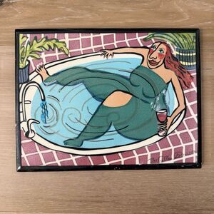 Pat Custer Denison Hand Painted Ceramic Tile Liquid Therapy Signed Folk Art